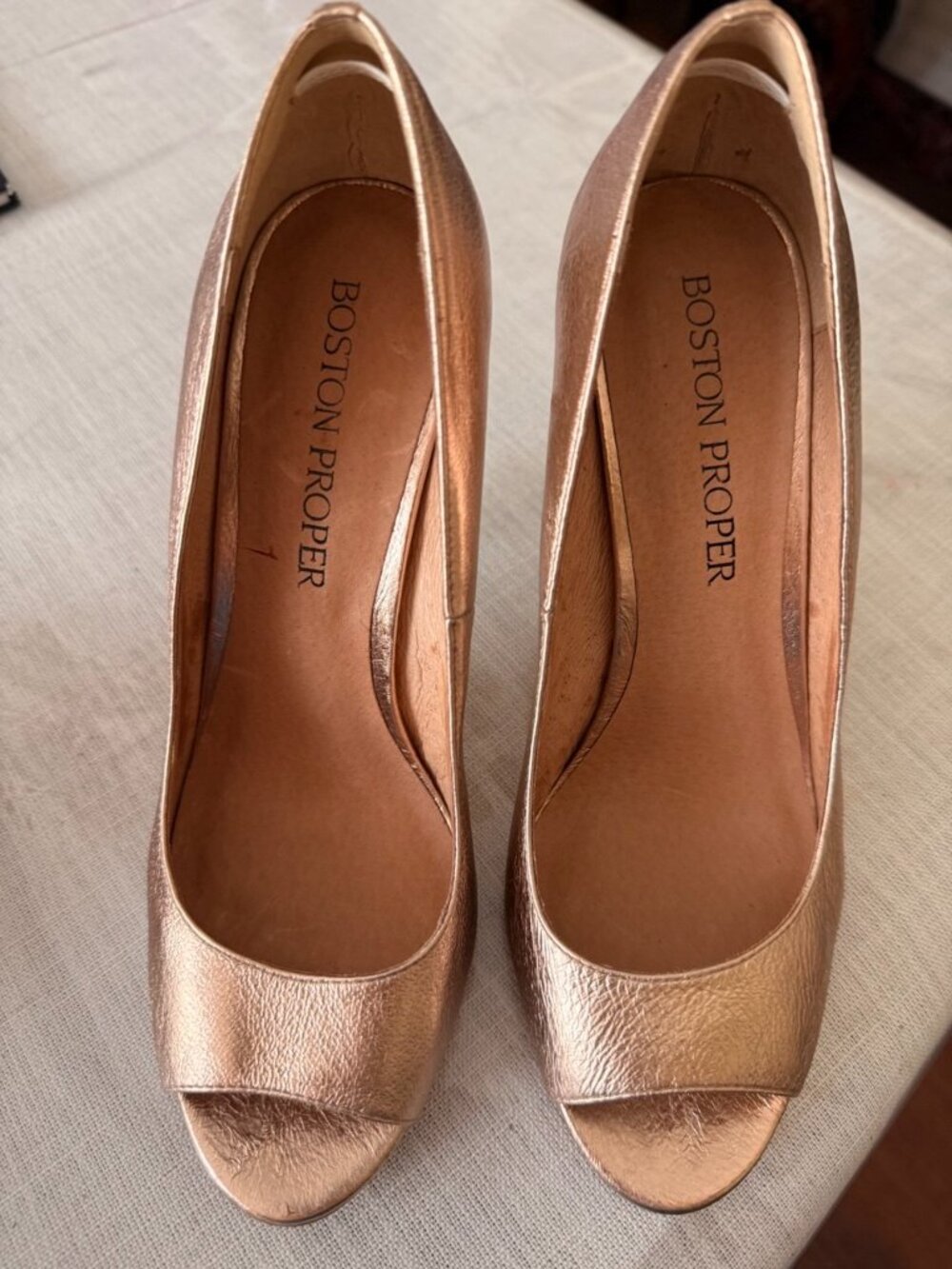 London Proper Rose Gold Metallic Leather Peep Toe Heels Size 7.5